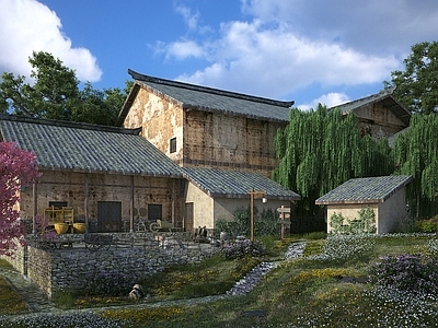 复古中式其他建筑外观 乡村改造民宿 做旧农村房屋