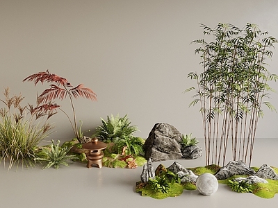 现代新中式其他景观小品 小品 园林 植物堆 植物造景 石 蕨类植物