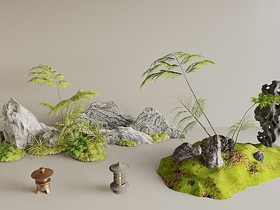 现代新中式植物堆 小品 园林 植物堆 植物造景 石