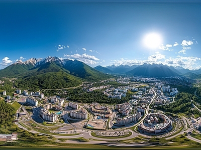 现代户外HDR 蓝天青山村落全景