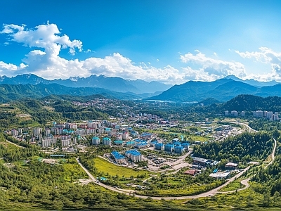 现代户外HDR 蓝天青村落全景