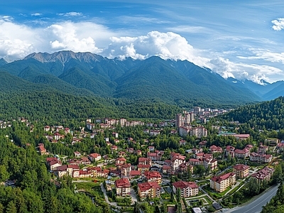 现代户外HDR 蓝天青村落全景