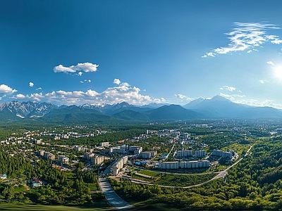 现代户外HDR 蓝天青村落全景