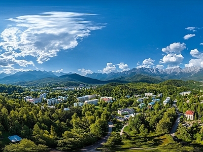 现代户外HDR 蓝天青村落全景