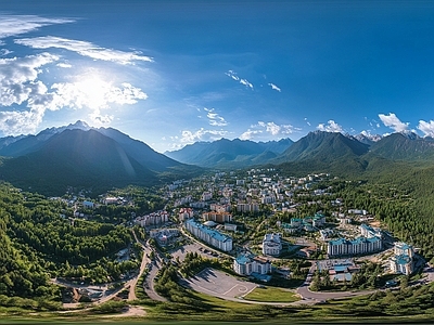 现代户外HDR 蓝天青村落全景