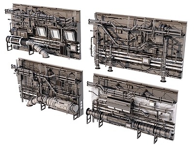 现代其他局部构件 科幻面板管道组件 器械墙面管道线路