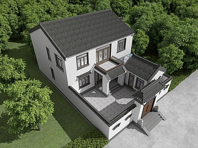 现代新中式古建 新中式 双拼别墅 徽派建筑庭院
