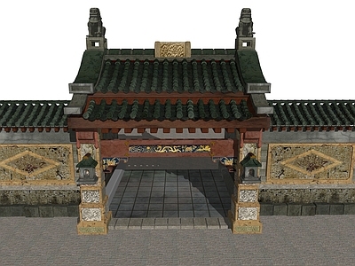 中古风格建筑 古代大户入口大门 古建入户门 游戏场景