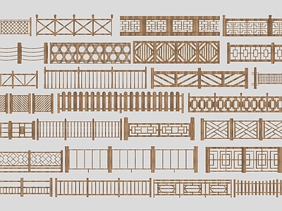 现代中式其他建筑外观 现代围栏护栏木栏 竹篱笆木栅栏格栅 木扶手围墙