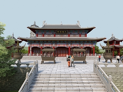中式古建 寺庙 雕梁画栋 大雄宝殿 塔 香炉
