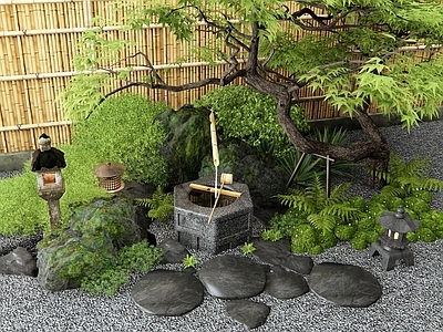 新中式日式水景 水钵 水缸水景 灌木 植物造景 景观石头 庭院景观