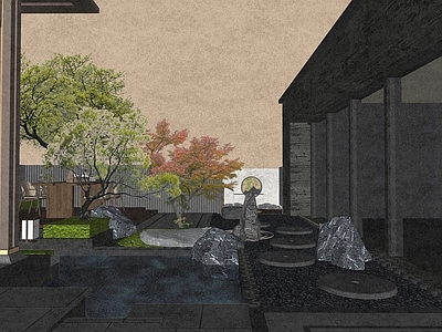 新中式现代别墅庭院 别墅庭院 新中式庭院 枯山水