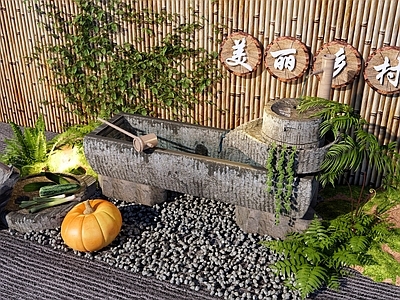 新中式庭院小品 农家乐庭院景观 乡村庭院石磨水槽 庭院循环流水景观 庭院石磨流水造景 石槽石臼流水小品