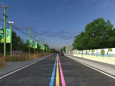 新中式乡村景观 围墙彩绘 竹子栏杆 电线杆 乡村彩虹道路 庭院植物大树