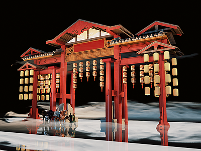 现代新中式街道外景 仿古商业街小建筑 古镇商业街大门 牌坊牌楼 网红打卡国潮古风