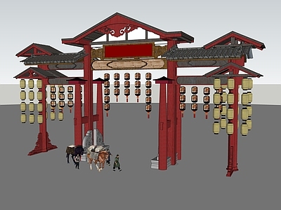 现代新中式街道外景 古镇商业街大门 仿古商业街小建筑 牌坊牌楼 网红打卡国潮古风
