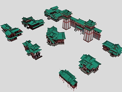 新中式中式街道外景 唐宋古代单体建筑 鸟瞰唐宋仿古建筑
