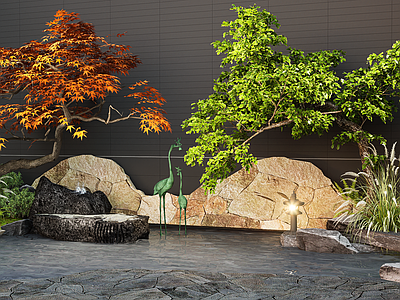 新中式庭院小品 新中式景观水景 造型树 雕塑小品 别墅庭院景观
