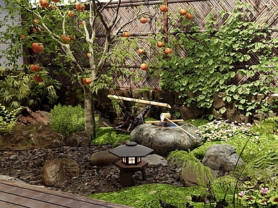 日式新中式庭院小品 枯山水 水钵水景 花草 乔木 植物造景