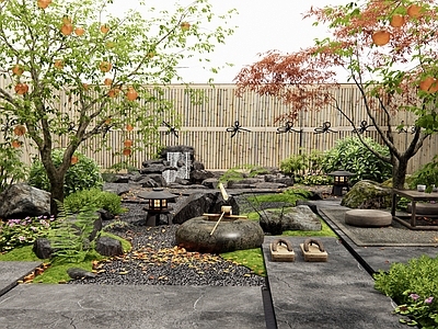 新中式日式乡村庭院 假山水景 石板汀步 枯山水 景观树 植物造景