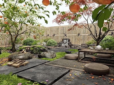 新中式日式乡村庭院 假山水景 石板汀步 枯山水 景观树 植物造景