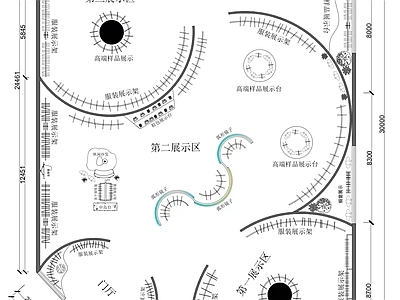 现代展厅 服装展厅平面布局 服装展示厅 展厅平面布局图 弧形元素展厅设计 展厅平面图 施工图 服装展厅