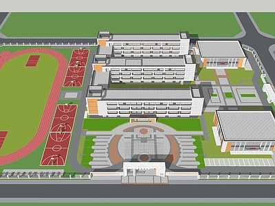 现代极简学校建筑 学校操场 教学楼学校 建筑群 塑胶跑道