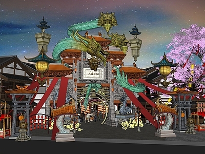 现代新中式商业景观 灯笼灯会集市美陈 牌坊牌楼 仿古商业街小建筑 古镇商业街大门 仙侠梦幻玄幻浮空