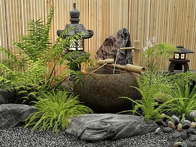 日式禅意庭院小品 水景 石臼水景 枯山水 花草植物堆 景观石头