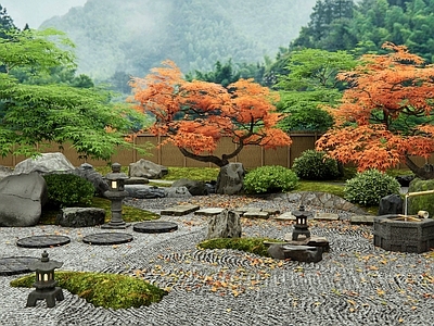 日式禅意乡村庭院 枯山水庭院 景观石头 汀步 红枫 水钵水景