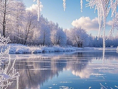 现代风景 冬天 湖边 冰挂 积雪 雪景