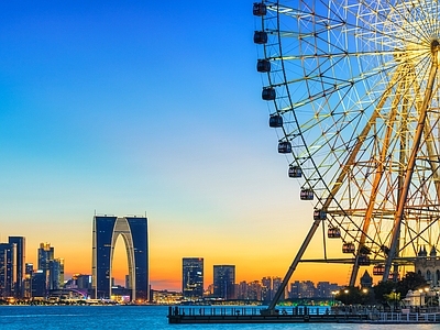 现代城市外景 白天城市外景 夕阳城市 摩天轮