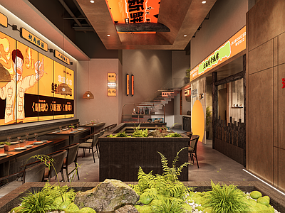 现代新中式烧烤烤肉店 烧烤店餐椅组合 烧烤店灯箱 工业风烧烤店 烧烤店隔断