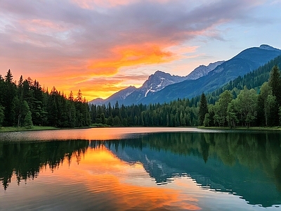 现代风景 夕阳 山 湖泊 黄昏