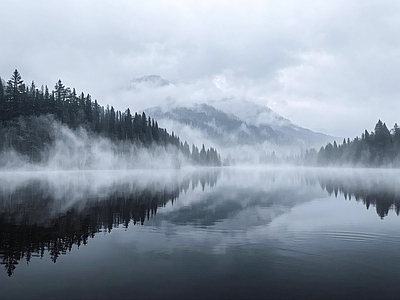 现代风景 雾 山 湖泊 白天