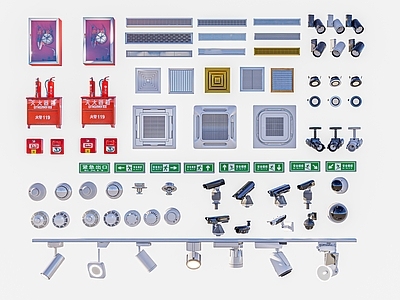 空调出风口 出风口轨道灯 烟感器灭火器 摄像头探头 安全出口安全通道 消火栓消防设施