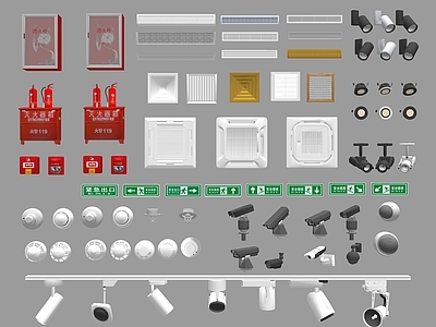 空调出风口 出风口轨道灯 烟感器灭火器 摄像头探头 安全出口安全通道 消火栓消防设施