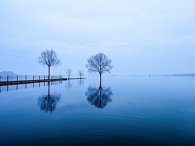 现代风景 湖 雾 水面 极简