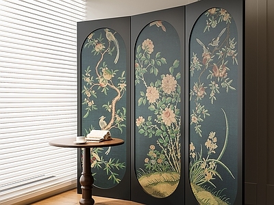 中古复古屏风 木屏风 客厅花鸟屏风隔断 美式中古屏风 复古书房卧室屏风 侘寂实木屏风隔断