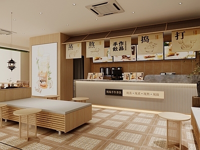 新中式奶茶店 奶茶店操作台 原木风茶馆 咖啡店工作台 咖啡就餐区 收银前台