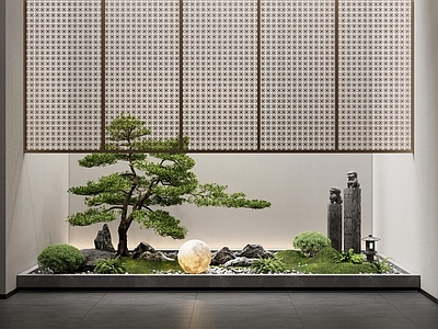 新中式禅意室内景观 景观造景 庭院景观小品 金属隔断 松树 植物组合