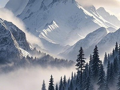 现代风景 山 雪景 冬天 云海 森林