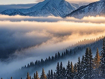 现代风景 冬天 山 云海 森林 雪景