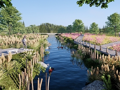 现代原木乡村公园 稻田 溪流 山野乡村