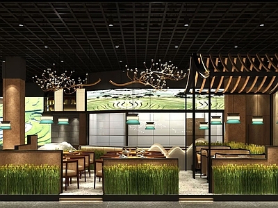 中式中餐厅 田园 水稻 水牛