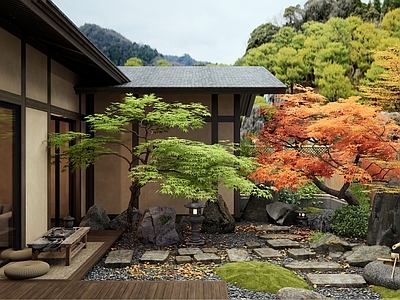 新中式日式乡村庭院 枯山水 景观石头 汀步 红枫 植物造景