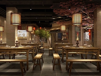 中式中餐厅 田园 土墙 茅棚