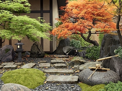 新中式日式汀步 庭院景观 石板 枯山水 植物景观 水钵水景