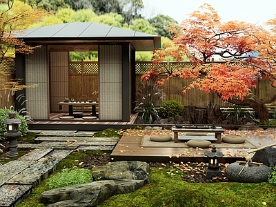 新中式日式乡村庭院 亭子 青石板路 红枫 假山水景 植物景观