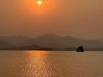 现代风景 湖面夕阳 湖面晚霞